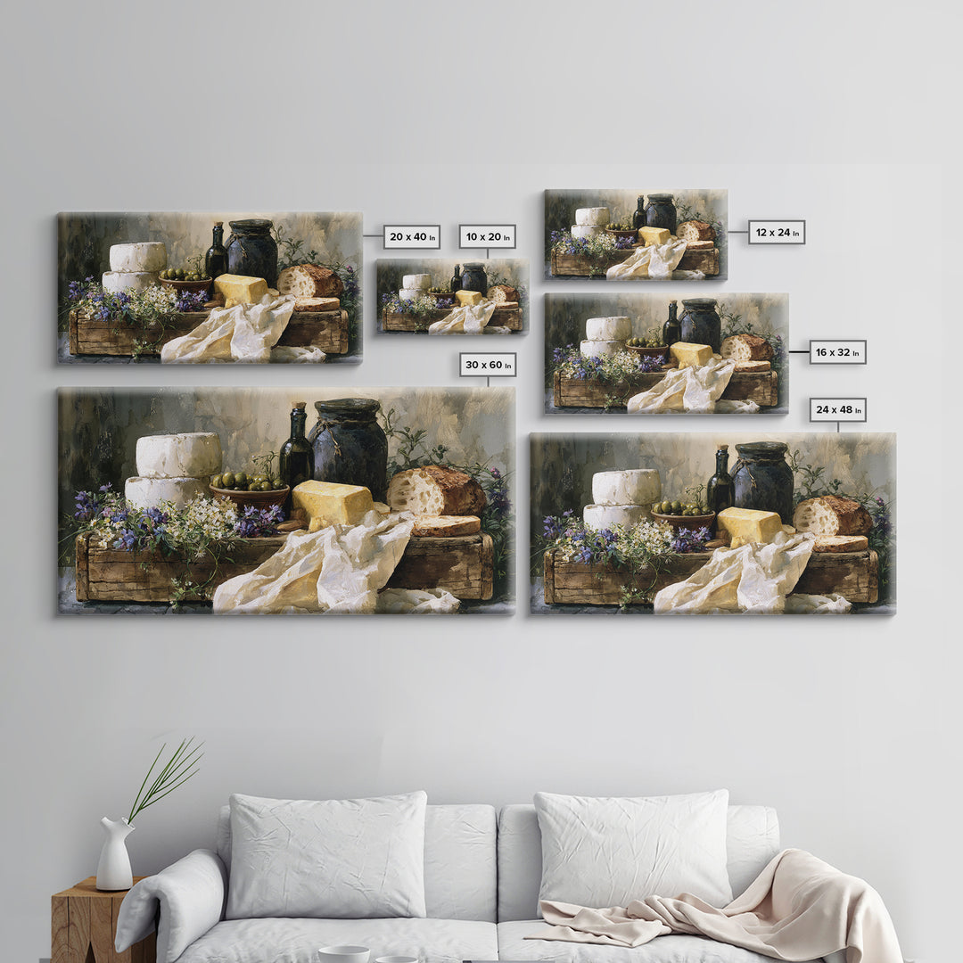 Rustic Bread Olives and Cheese Still Life Canvas Print, Dining Room Art, Neutral Decor, Dining Room Decor, Abstract Art, Dining, DRA-2x1-26
