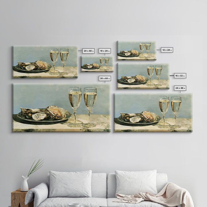Elegant Oyster and Champagne Still Life Framed Canvas Print, Dining Room Art, Dining Room Decor, Oil Painting, Dining, DRA-2x1-27
