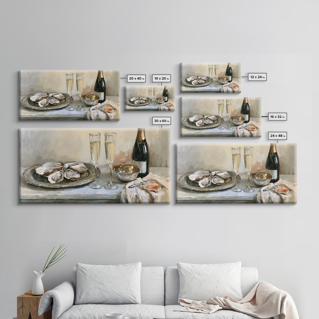 Elegant Oyster and Champagne Still Life Framed Canvas Print, Dining Room Art, Bedroom Decor, Dining Room Decor, Dining, DRA-2x1-3