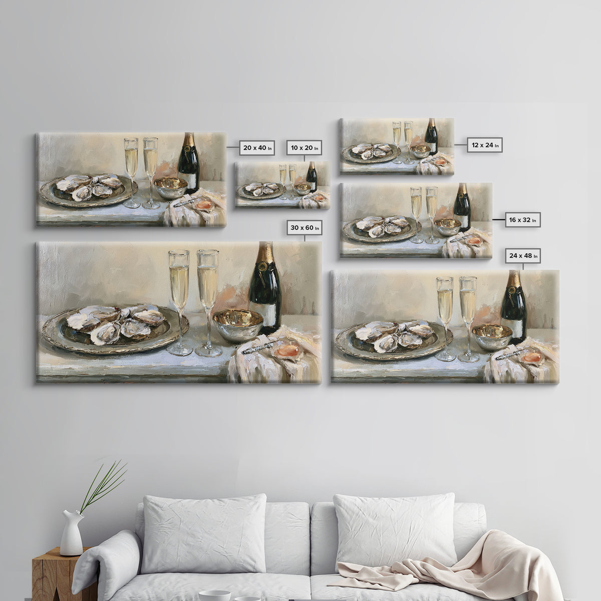 Elegant Oyster and Champagne Still Life Framed Canvas Print, Dining Room Art, Bedroom Decor, Dining Room Decor, Dining, DRA-2x1-3