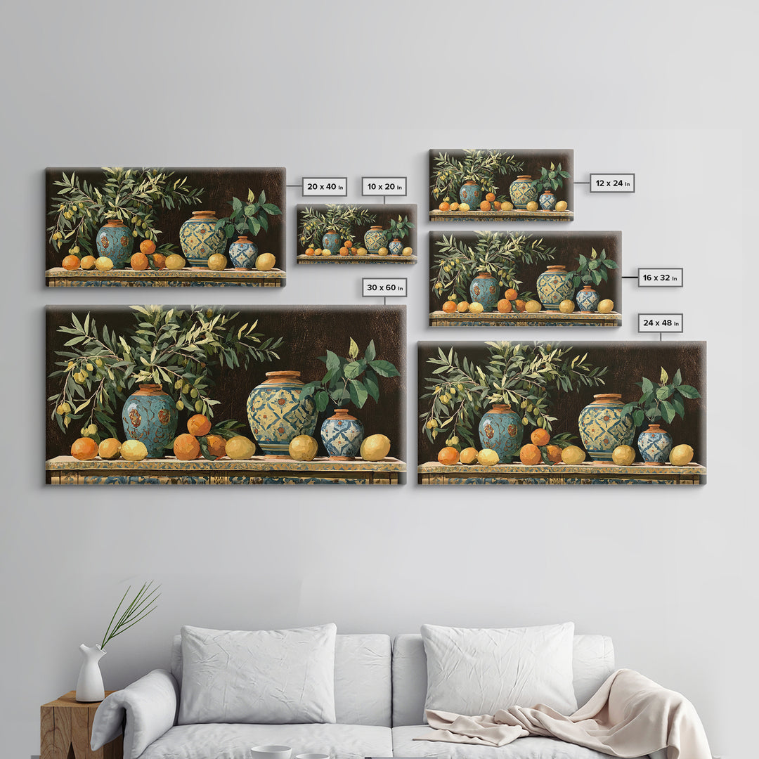 Mediterranean Olive Branch and Citrus Arrangement Canvas Print, Dining Room Art, Minimalist Decor, Dining Room Decor, Dining, DRA-2x1-32
