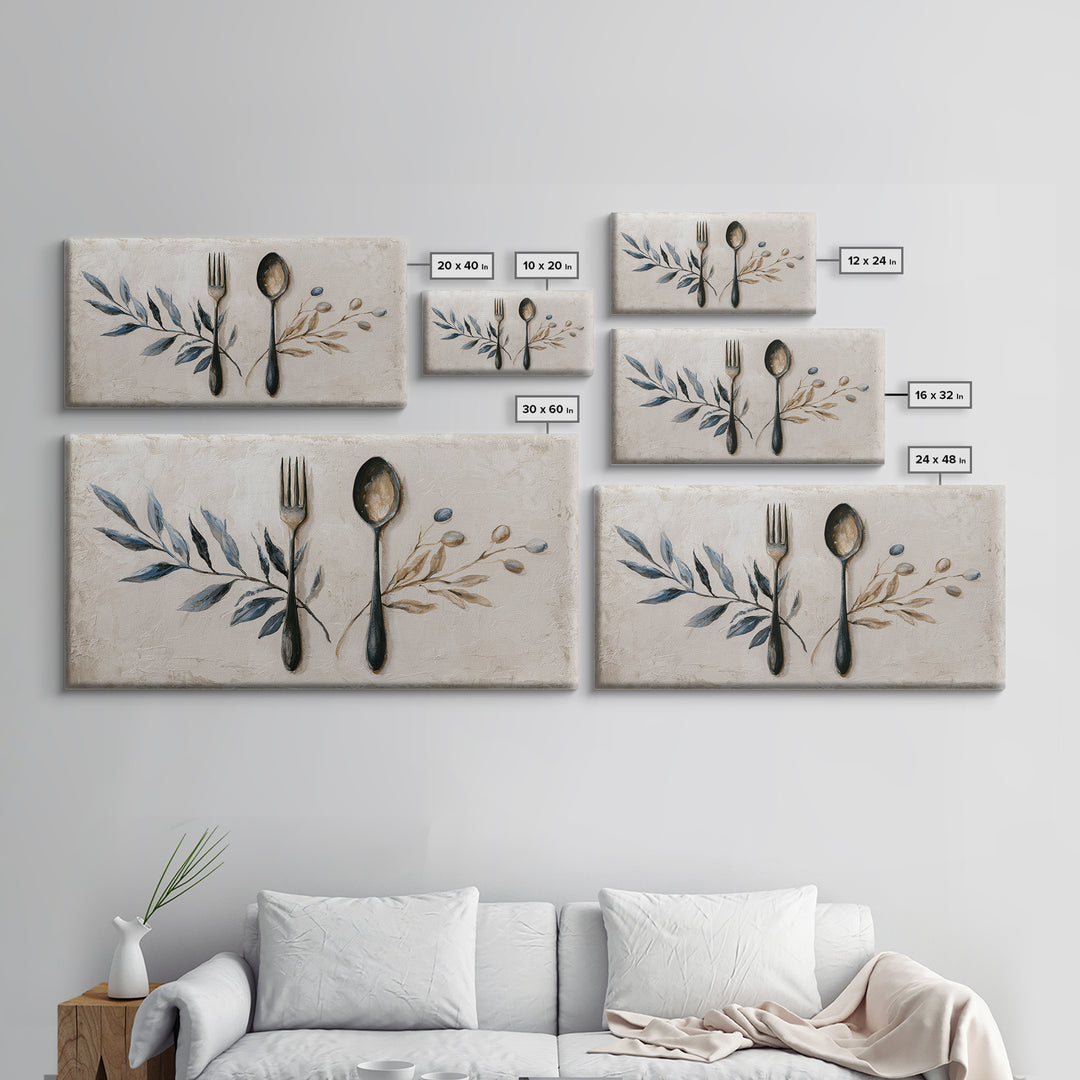 Minimal Fork Spoon and Herb Composition Framed Canvas Print, Dining Room Art, Gallery Decor, Dining Room Decor, Dining, DRA-2x1-42