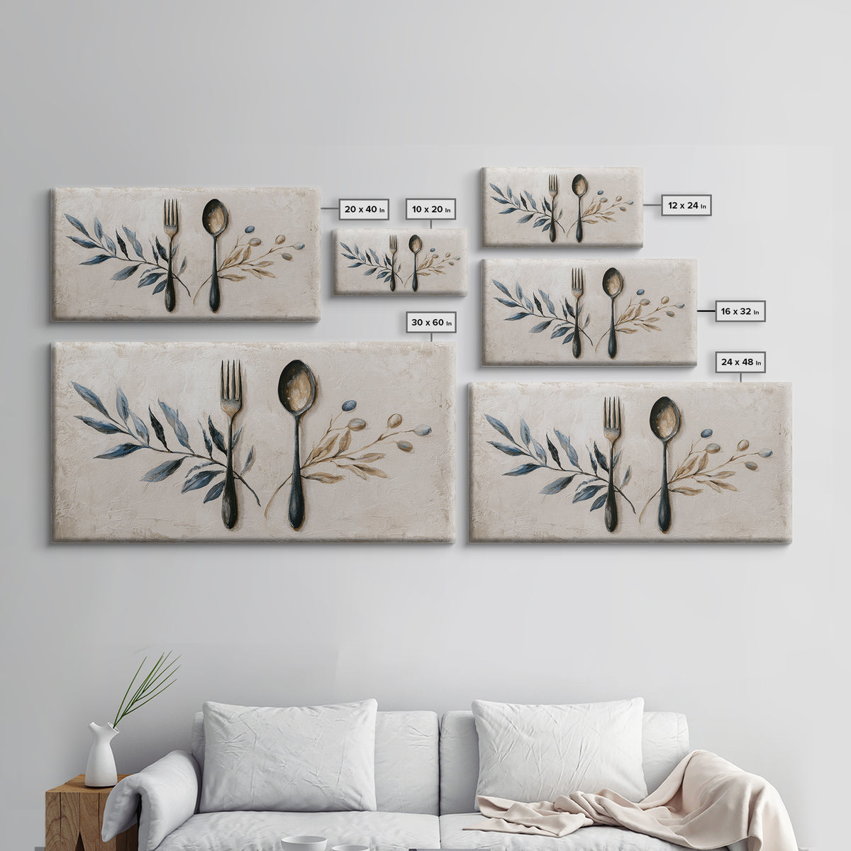 Minimal Fork Spoon and Herb Composition Framed Canvas Print, Dining Room Art, Gallery Decor, Dining Room Decor, Dining, DRA-2x1-42