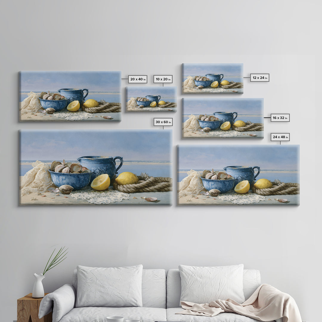 Shellfish and Lemon Still Life Framed Canvas Print, Dining Room Art, Large Wall Art, Dining Room Decor, Oil Painting, Dining, DRA-2x1-60
