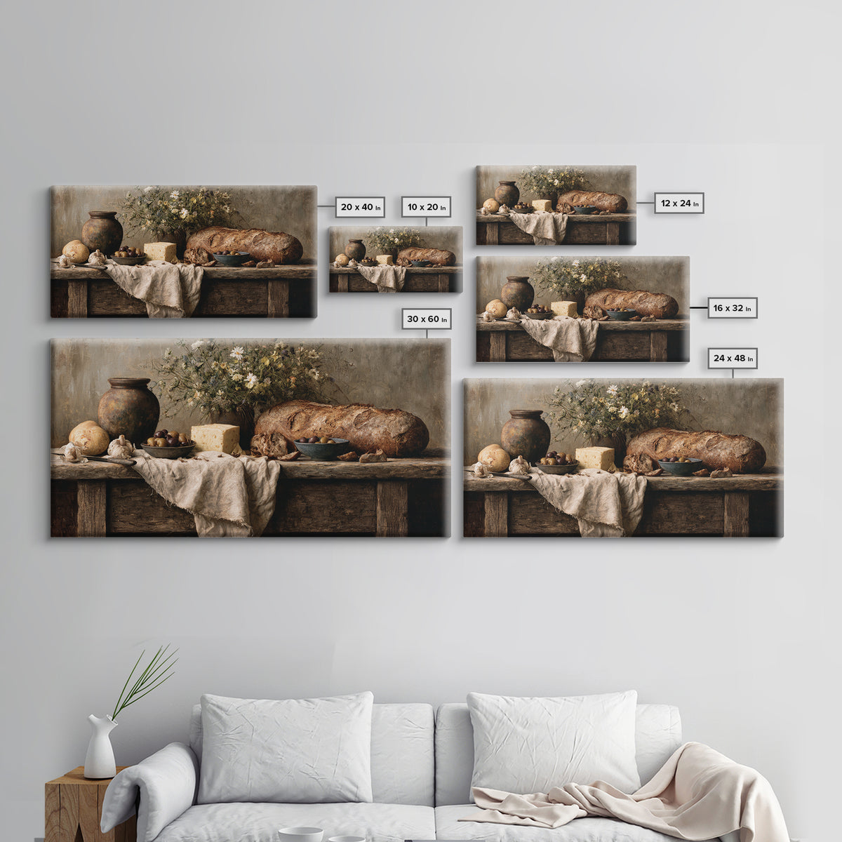 Rustic Bread Olives and Cheese Still Life Canvas Print, Dining Room Art, Dining Room Decor, Watercolor Art, Dining, DRA-2x1-74
