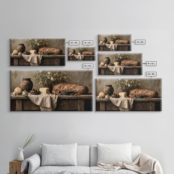 Rustic Bread Olives and Cheese Still Life Canvas Print, Dining Room Art, Dining Room Decor, Watercolor Art, Dining, DRA-2x1-74