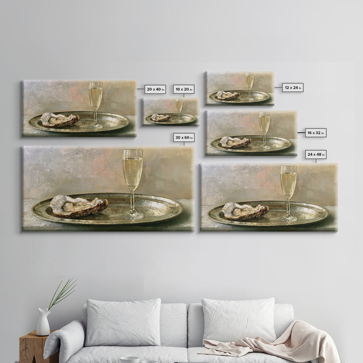 Elegant Oyster and Champagne Still Life Framed Canvas Print, Dining Room Art, Neutral Decor, Dining Room Decor, Dining, DRA-2x1-75