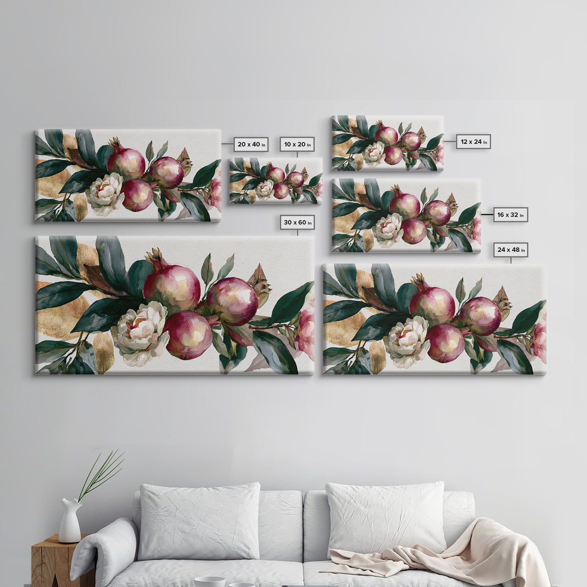 Pomegranate and Gold Leaf Botanical Study Canvas Print, Dining Room Art, Kitchen Art, Dining Room Decor, Fine Art, Dining, DRA-2x1-76
