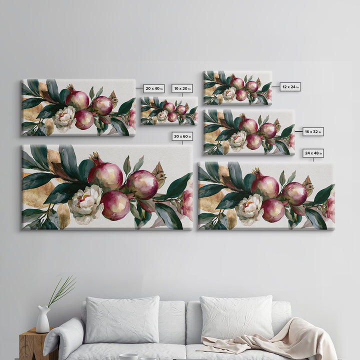 Pomegranate and Gold Leaf Botanical Study Canvas Print, Dining Room Art, Kitchen Art, Dining Room Decor, Fine Art, Dining, DRA-2x1-76