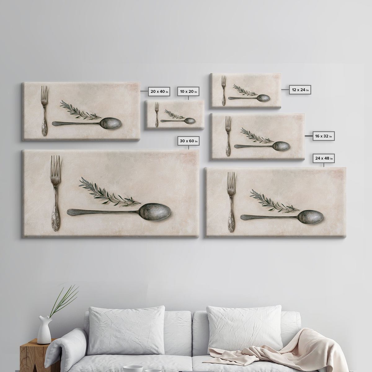 Minimal Fork Spoon and Herb Composition Framed Canvas Print, Dining Room Art, Dining Room Decor, Oil Painting, Dining, DRA-2x1-90