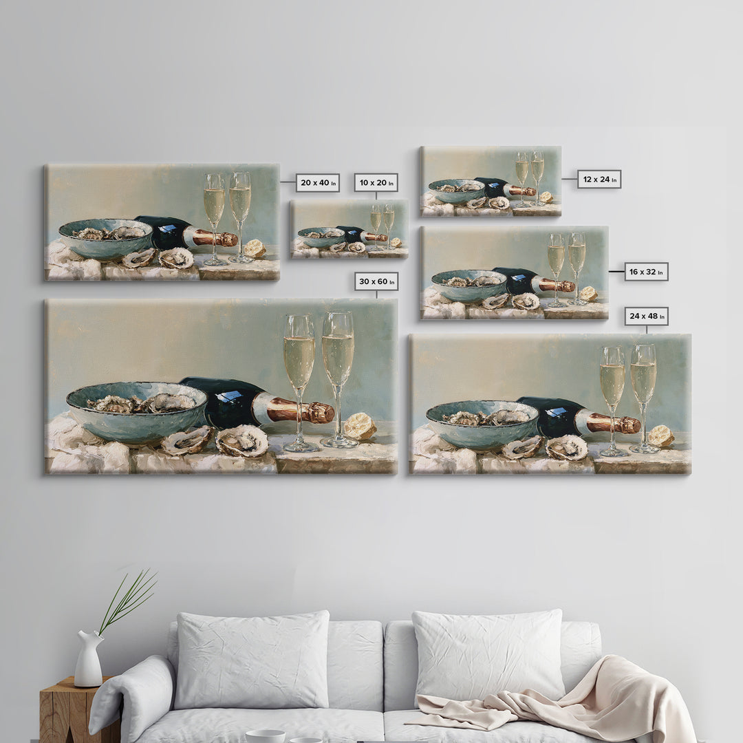 Elegant Oyster and Champagne Still Life Framed Canvas Print, Dining Room Art, Kitchen Wall Art, Dining Room Decor, Dining, DRA-2x1-99