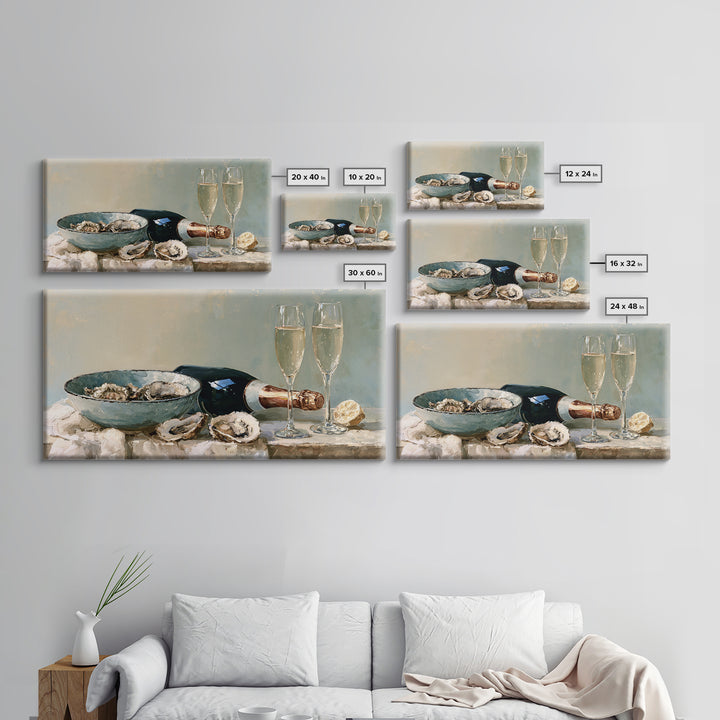Elegant Oyster and Champagne Still Life Framed Canvas Print, Dining Room Art, Kitchen Wall Art, Dining Room Decor, Dining, DRA-2x1-99