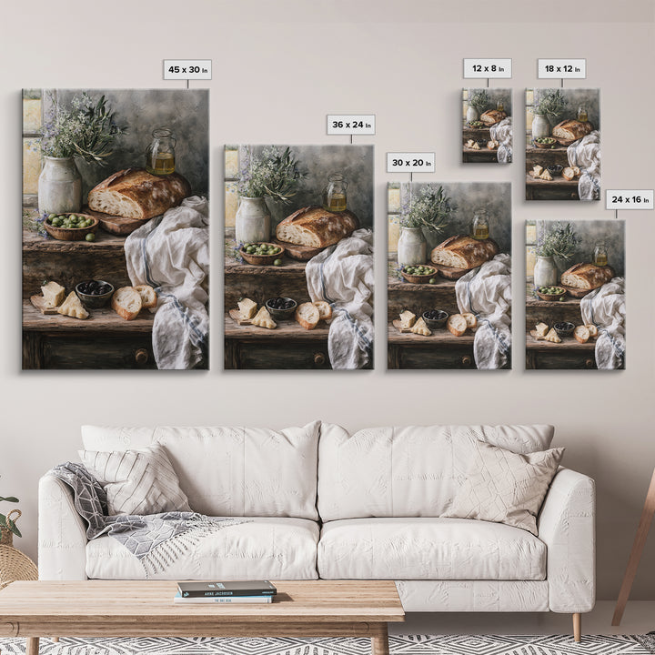 Rustic Bread Olives and Cheese Still Life Canvas Print, Dining Room Art, Modern Decor, Dining Room Decor, Oil Painting, Dining, DRA-2x3-14
