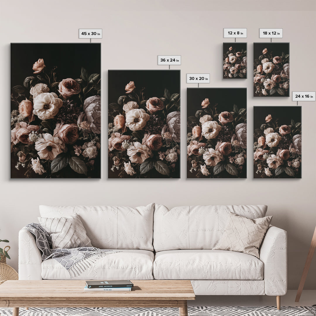 Moody Dark Background Bouquet for Formal Dining Canvas Print, Dining Room Art, 3 Piece Wall Art, Dining Room Decor, Dining, DRA-2x3-19