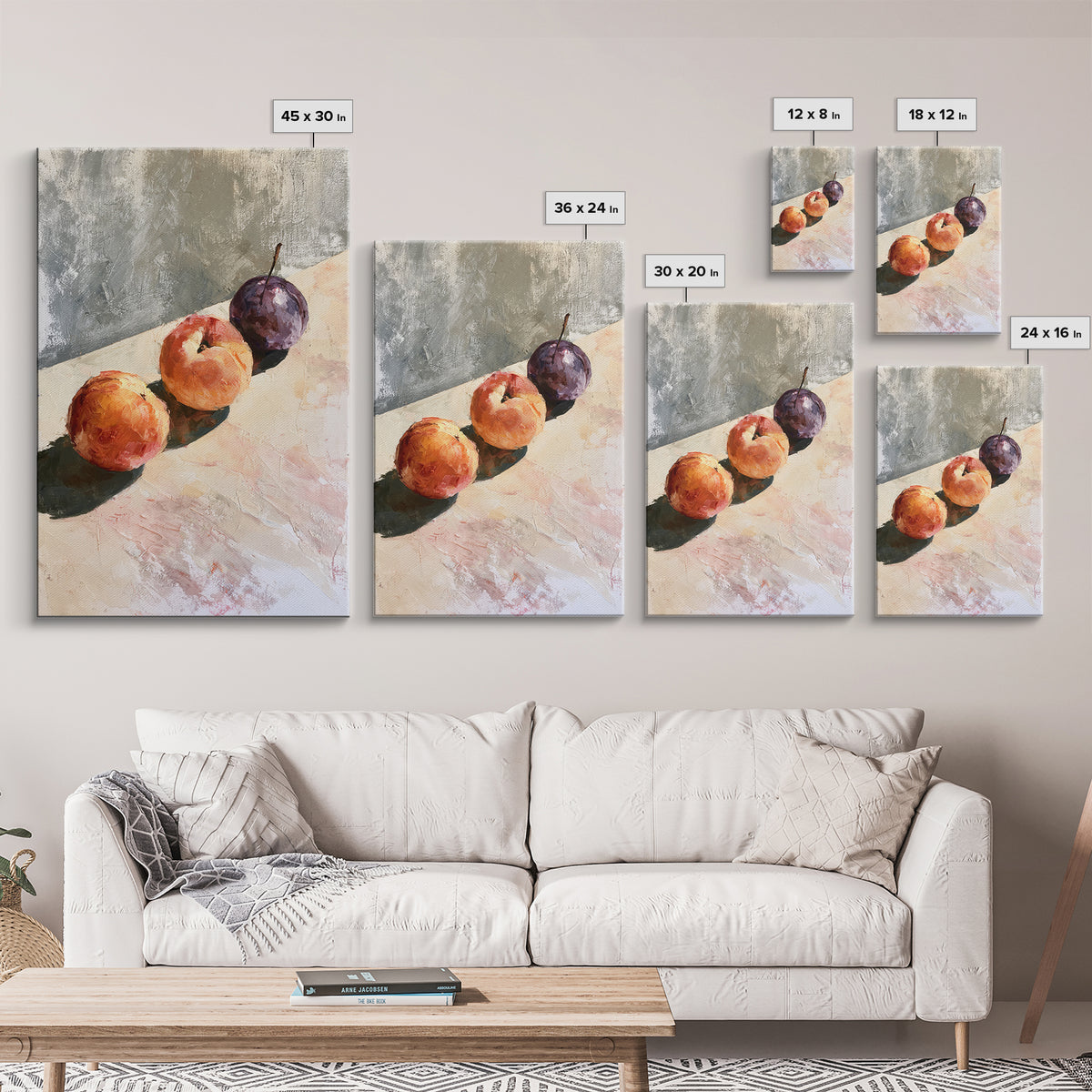 Peach and Plum Still Life Framed Canvas Print, Dining Room Art, Large Wall Art, Dining Room Decor, Dining, Watercolor Painting, DRA-2x3-28