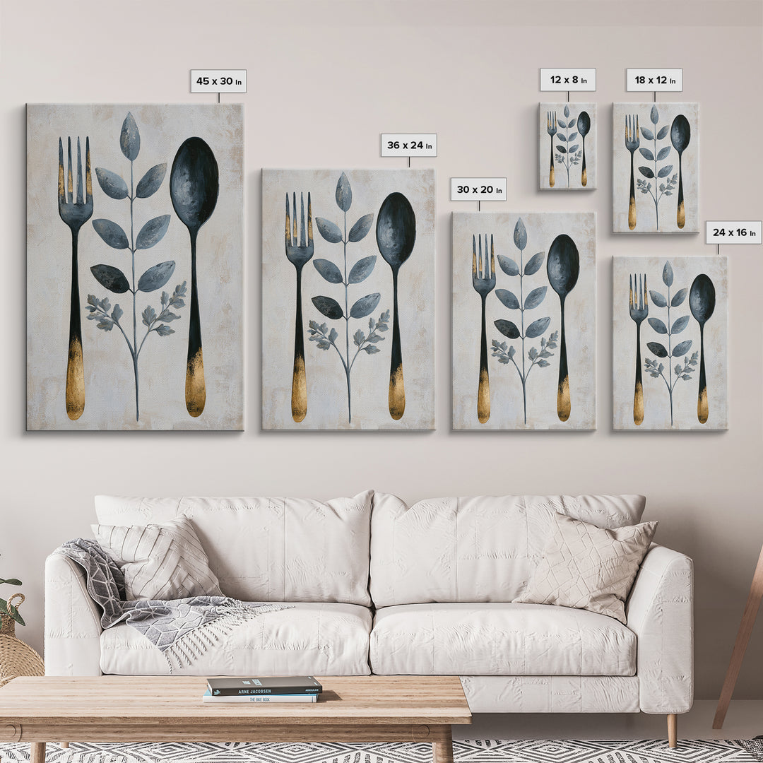 Minimal Fork Spoon and Herb Composition Framed Canvas Print, Dining Room Art, Wall Decor, Dining Room Decor, Fine Art, Dining, DRA-2x3-30