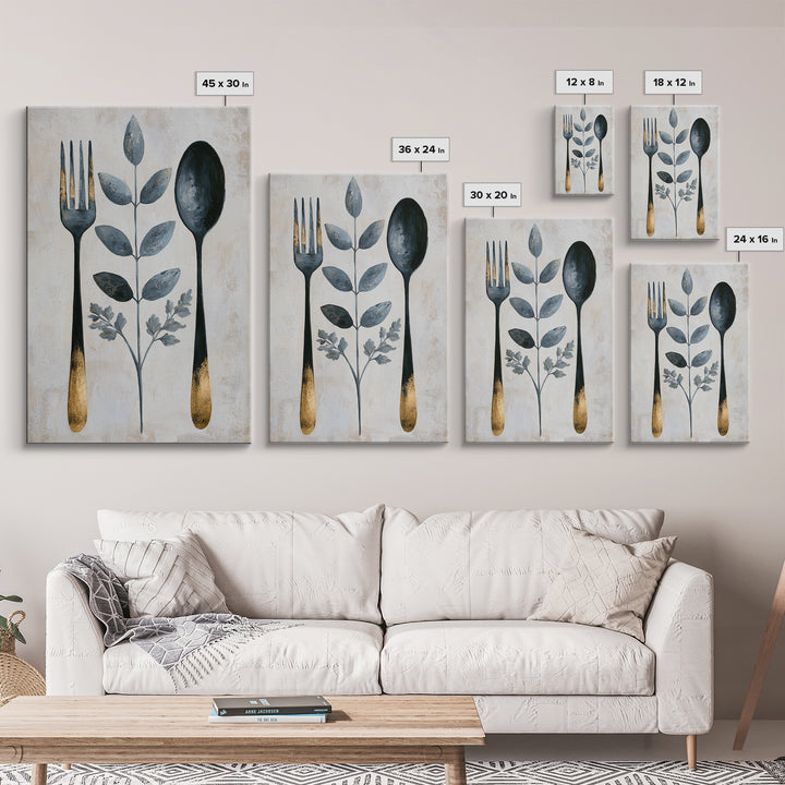 Minimal Fork Spoon and Herb Composition Framed Canvas Print, Dining Room Art, Wall Decor, Dining Room Decor, Fine Art, Dining, DRA-2x3-30