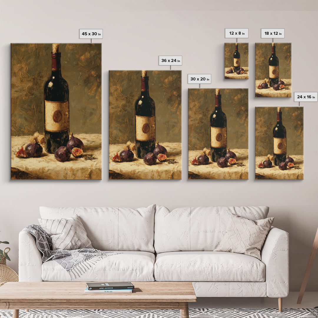 Wine Bottle and Figs on a Linen Canvas Print, Dining Room Art, Gallery Decor, Dining Room Decor, Abstract Art, Dining, DRA-2x3-35