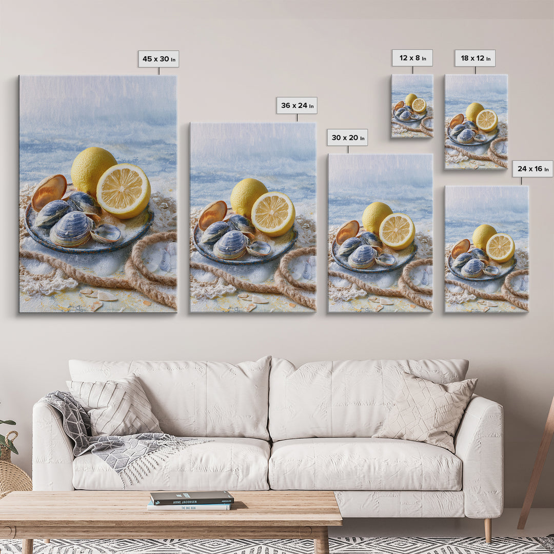 Shellfish and Lemon Still Life Framed Canvas Print, Dining Room Art, Kitchen Prints, Dining Room Decor, Watercolor Art, Dining, DRA-2x3-48
