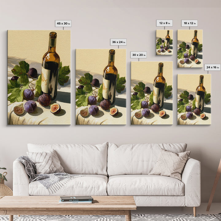 Wine Bottle and Figs on a Linen Framed Canvas Print, Dining Room Art, Boho Decor, Dining Room Decor, Abstract Art, Dining, DRA-2x3-59