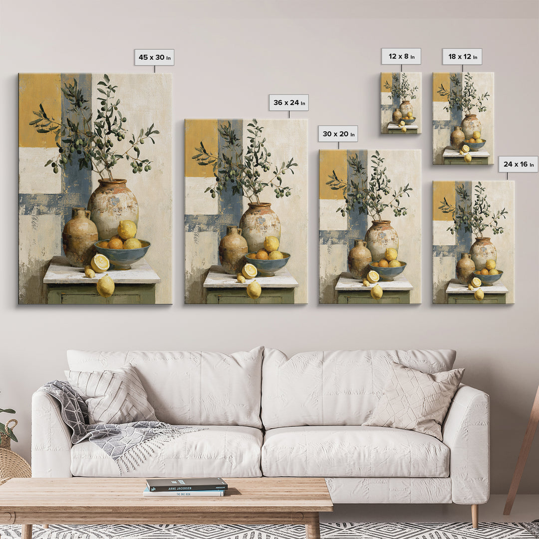 Mediterranean Olive Branch and Citrus Arrangement Canvas Print, Dining Room Art, Minimalist Decor, Dining Room Decor, Dining, DRA-2x3-68