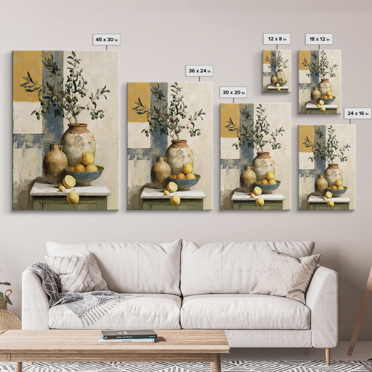 Mediterranean Olive Branch and Citrus Arrangement Canvas Print, Dining Room Art, Minimalist Decor, Dining Room Decor, Dining, DRA-2x3-68