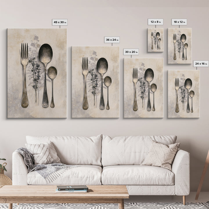 Minimal Fork Spoon and Herb Composition Framed Canvas Print, Dining Room Art, Minimalist Decor, Dining Room Decor, Dining, DRA-2x3-78