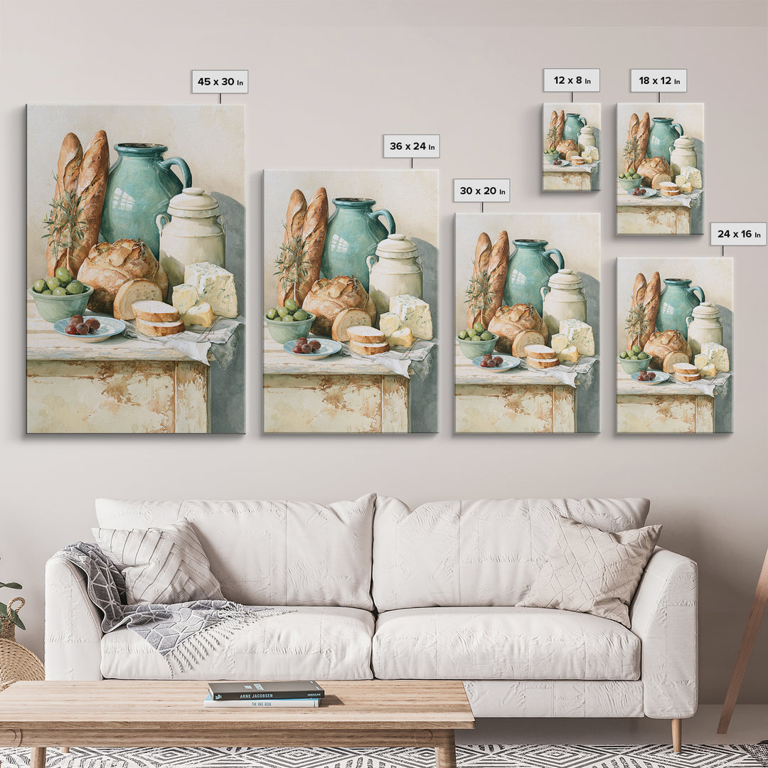 Rustic Bread Olives and Cheese Still Life Canvas Print, Dining Room Art, Wall Art, Dining Room Decor, Abstract Art, Dining, DRA-2x3-86
