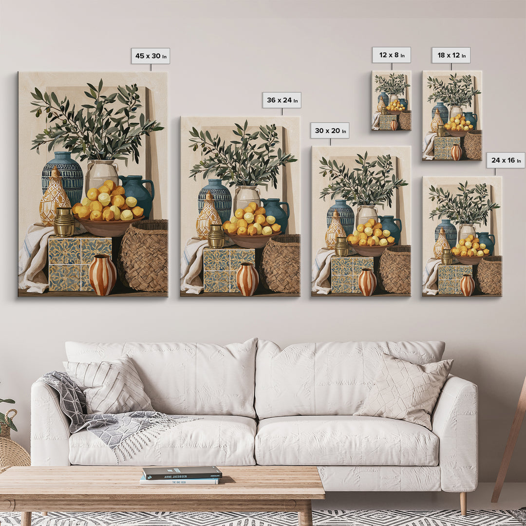 Mediterranean Olive Branch and Citrus Arrangement Canvas Print, Dining Room Art, 3 Piece Wall Art, Dining Room Decor, Dining, DRA-2x3-92