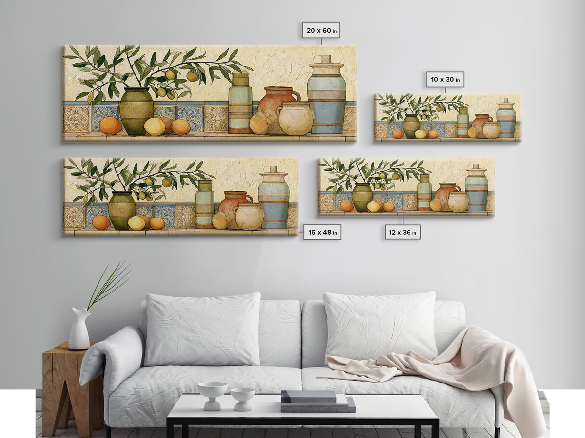 Mediterranean Olive Branch and Citrus Arrangement Canvas Print, Dining Room Art, Coastal Wall Art, Dining Room Decor, Dining, DRA-3x1-100