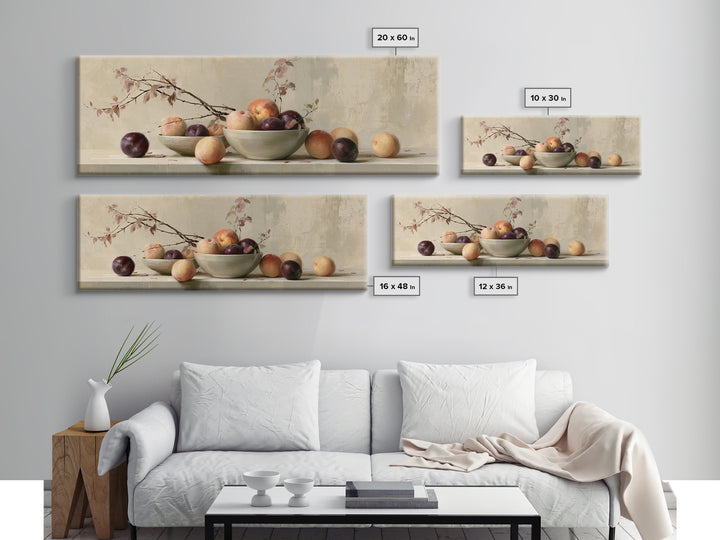 Peach and Plum Still Life Framed Canvas Print, Dining Room Art, Kitchen Wall Decor, Dining Room Decor, Fine Art, Dining, DRA-3x1-12