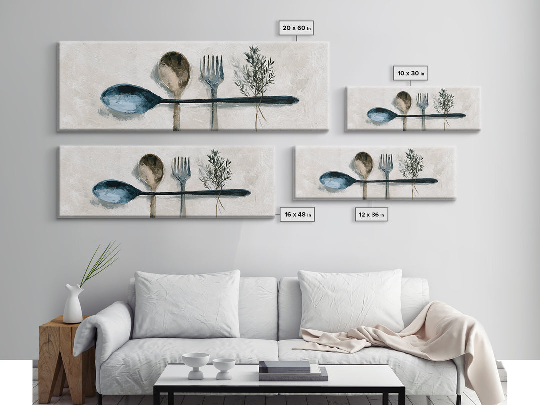 Minimal Fork Spoon and Herb Composition Canvas Print, Dining Room Art, Coastal Wall Art, Dining Room Decor, Fine Art, Dining, DRA-3x1-14