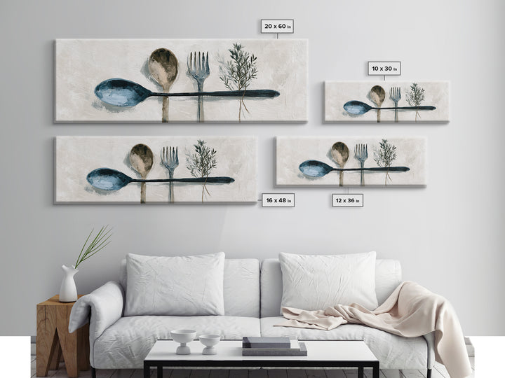 Minimal Fork Spoon and Herb Composition Canvas Print, Dining Room Art, Coastal Wall Art, Dining Room Decor, Fine Art, Dining, DRA-3x1-14