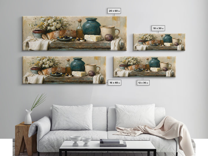 Rustic Bread Olives and Cheese Still Life Canvas Print, Dining Room Art, Neutral Decor, Dining Room Decor, Abstract Art, Dining, DRA-3x1-22