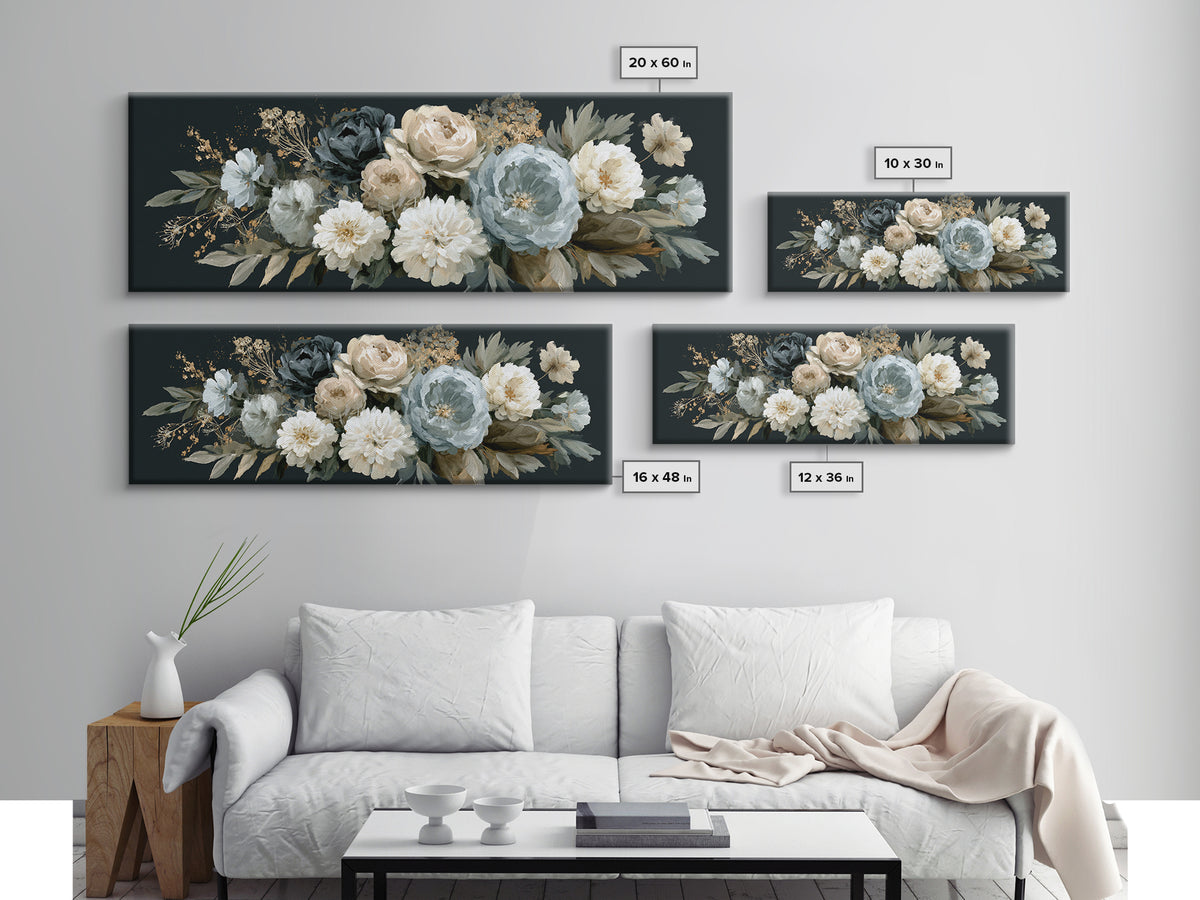 Moody Dark Background Bouquet for Formal Dining Framed Canvas Print, Dining Room Art, Modern Decor, Dining Room Decor, Dining, DRA-3x1-27