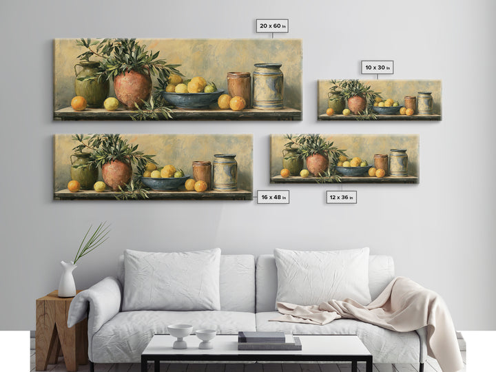 Mediterranean Olive Branch and Citrus Arrangement Canvas Print, Dining Room Art, Kitchen Prints, Dining Room Decor, Dining, DRA-3x1-28
