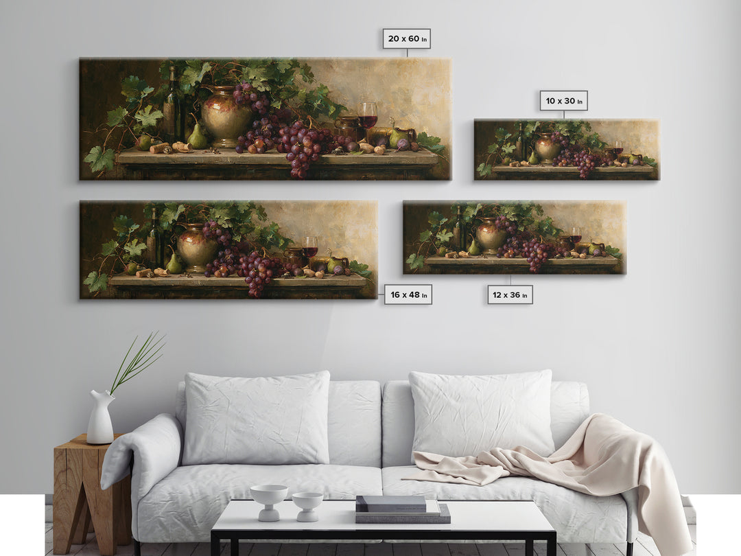 Botanical Grapevine with Leaves and Fruit Framed Canvas Print, Dining Room Art, Kitchen Decor, Dining Room Decor, DRA-3x1-37