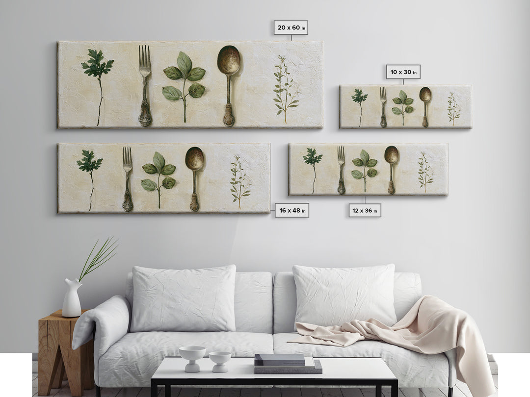 Minimal Fork Spoon and Herb Composition Canvas Print, Dining Room Art, Print, Dining Room Decor, Dining, Living Room Decor, DRA-3x1-38