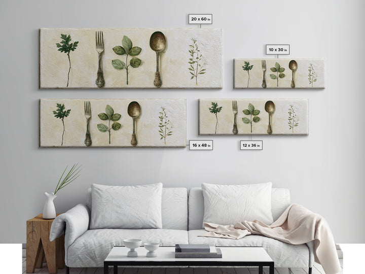 Minimal Fork Spoon and Herb Composition Canvas Print, Dining Room Art, Print, Dining Room Decor, Dining, Living Room Decor, DRA-3x1-38