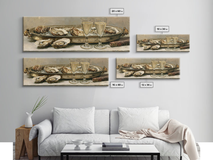 Elegant Oyster and Champagne Still Life Framed Canvas Print, Dining Room Art, Dining Room Decor, Oil Painting, Dining, DRA-3x1-47