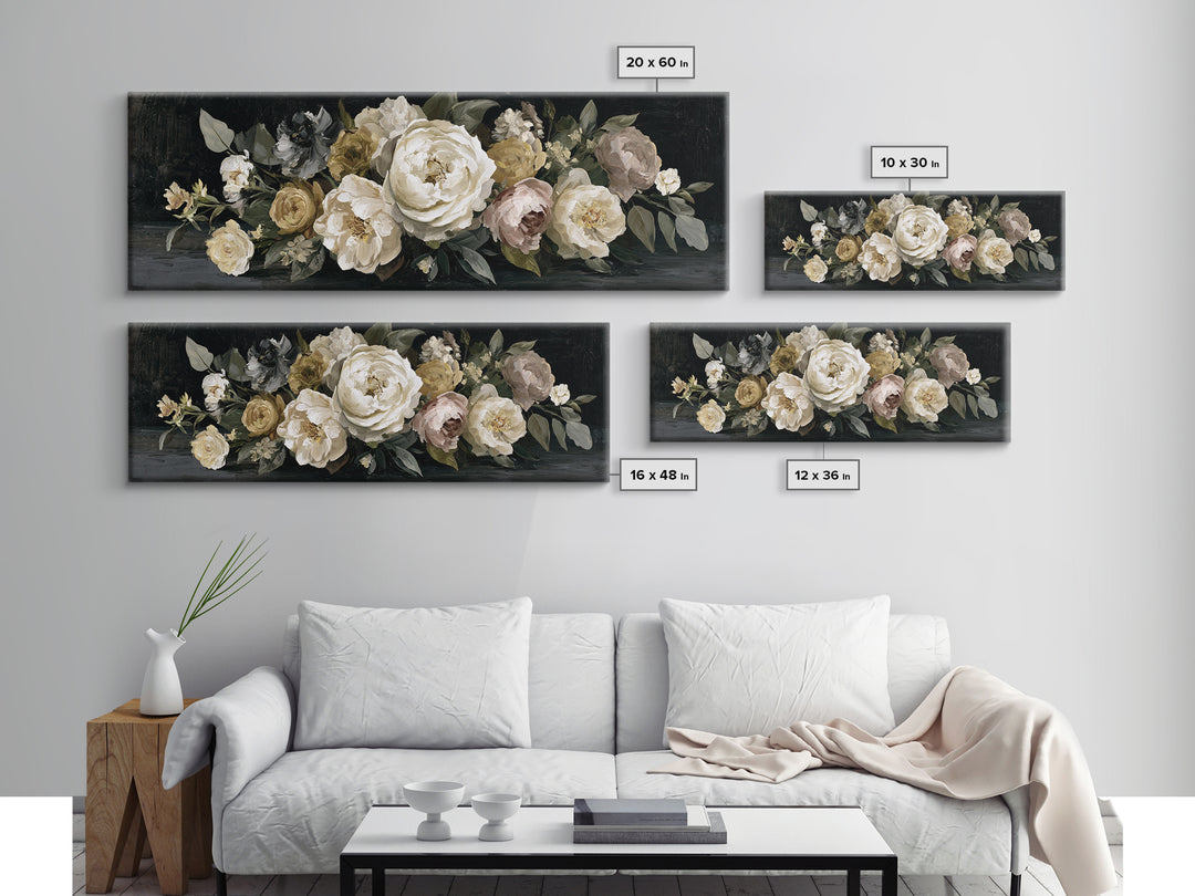 Moody Dark Background Bouquet for Formal Dining Framed Canvas Print, Dining Room Art, Wall Art, Dining Room Decor, Dining, DRA-3x1-51