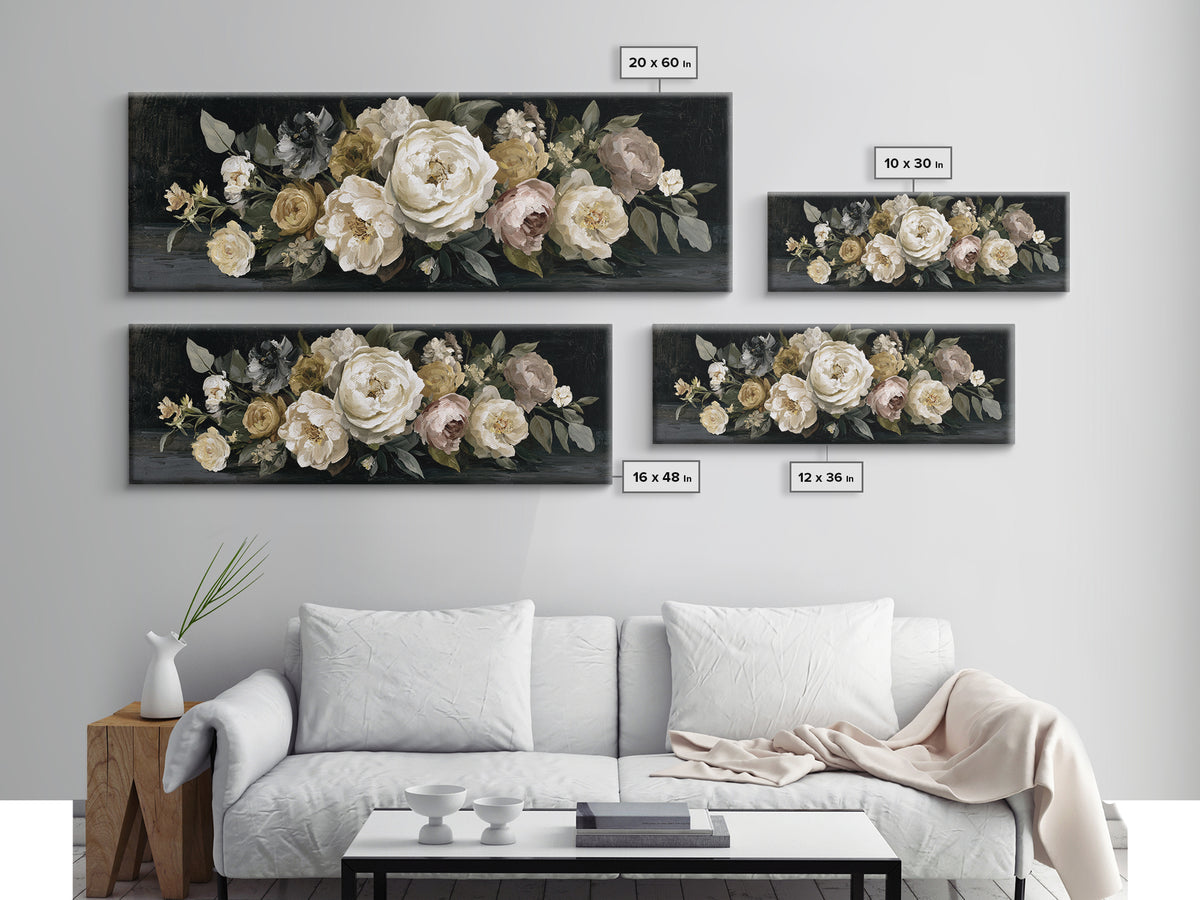 Moody Dark Background Bouquet for Formal Dining Framed Canvas Print, Dining Room Art, Wall Art, Dining Room Decor, Dining, DRA-3x1-51