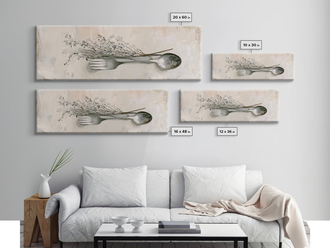 Minimal Fork Spoon and Herb Composition Canvas Print, Dining Room Art, Coastal Decor, Dining Room Decor, Oil Painting, Dining, DRA-3x1-62