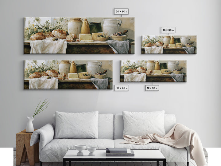 Rustic Bread Olives and Cheese Still Life Canvas Print, Dining Room Art, Modern Decor, Dining Room Decor, Oil Painting, Dining, DRA-3x1-70