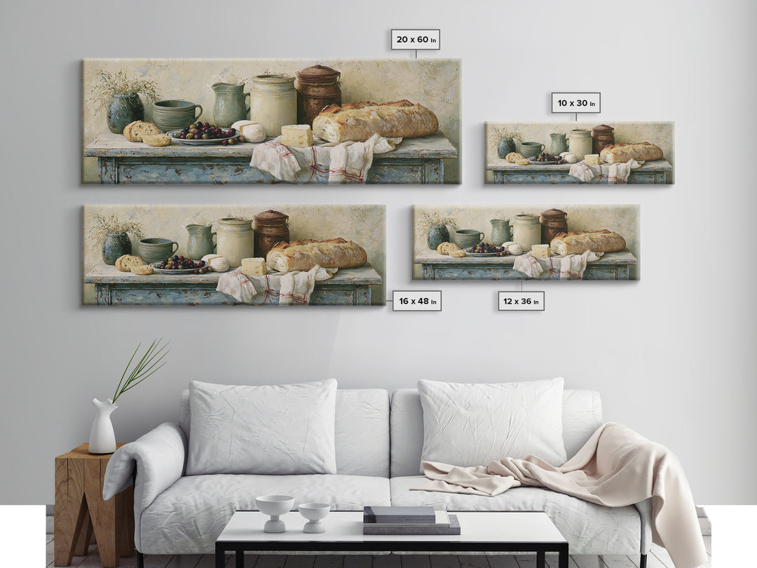 Rustic Bread Olives and Cheese Still Life Canvas Print, Dining Room Art, Dining Room Decor, Watercolor Art, Dining, DRA-3x1-94