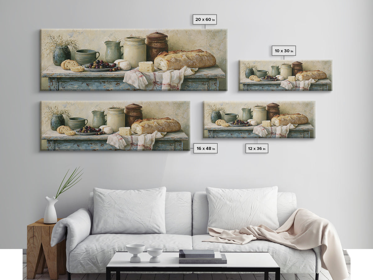 Rustic Bread Olives and Cheese Still Life Canvas Print, Dining Room Art, Dining Room Decor, Watercolor Art, Dining, DRA-3x1-94