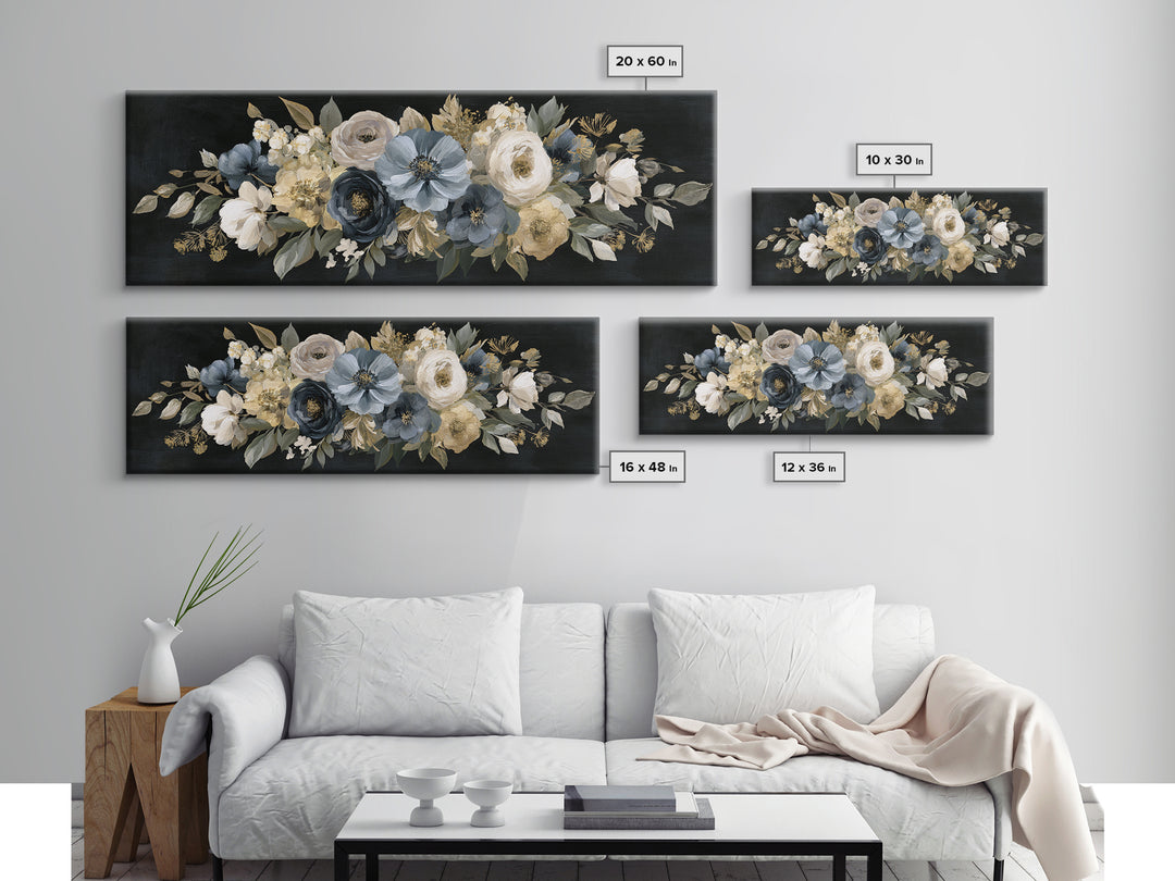 Moody Dark Background Bouquet for Formal Dining Framed Canvas Print, Dining Room Art, Wall Decor, Dining Room Decor, Dining, DRA-3x1-99