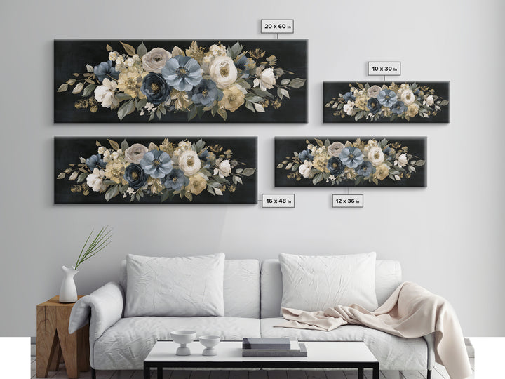 Moody Dark Background Bouquet for Formal Dining Framed Canvas Print, Dining Room Art, Wall Decor, Dining Room Decor, Dining, DRA-3x1-99