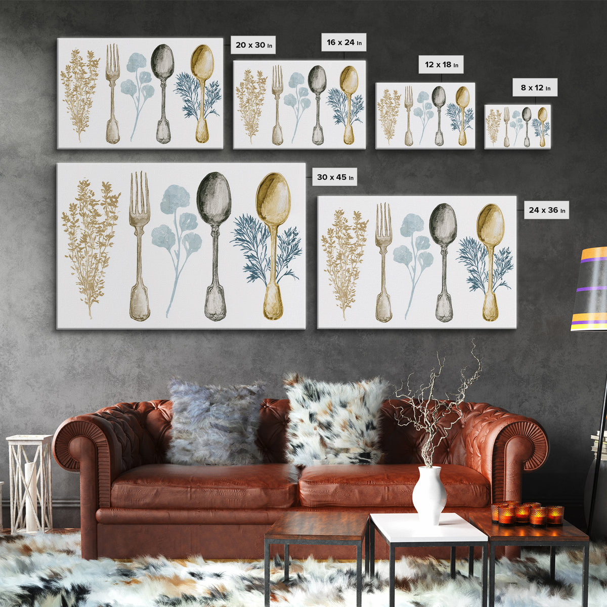 Minimal Fork Spoon and Herb Composition Framed Canvas Print, Dining Room Art, Minimalist Decor, Dining Room Decor, Dining, DRA-3x2-2