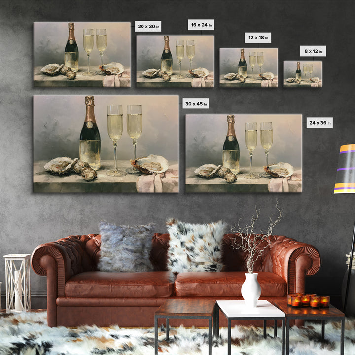 Elegant Oyster and Champagne Still Life Framed Canvas Print, Dining Room Art, Living Room Decor, Dining Room Decor, Dining, DRA-3x2-35